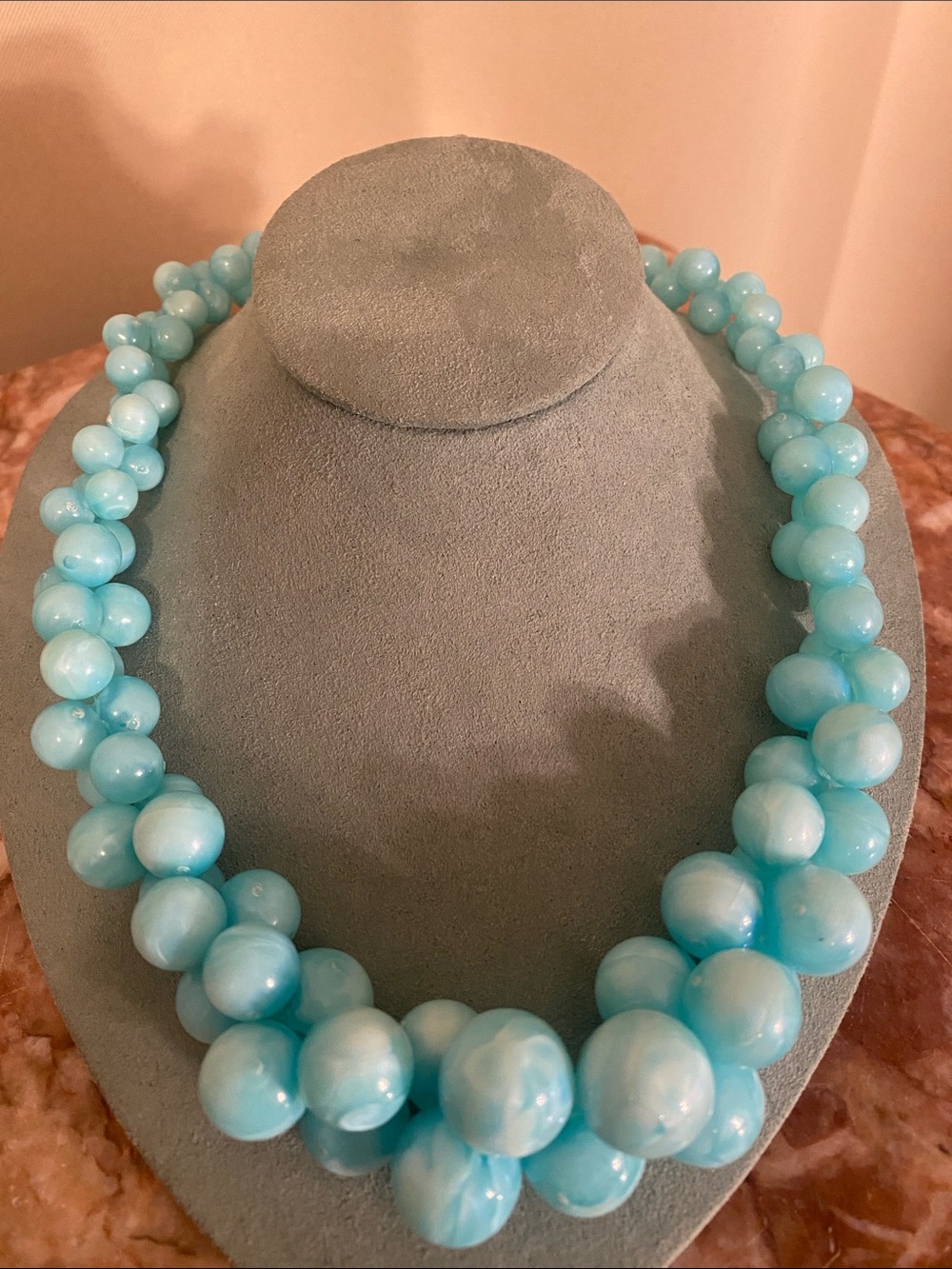 Vintage Aqua Blue Marbled Bubble Bead Necklace -Graduated Acrylic Resin Retro